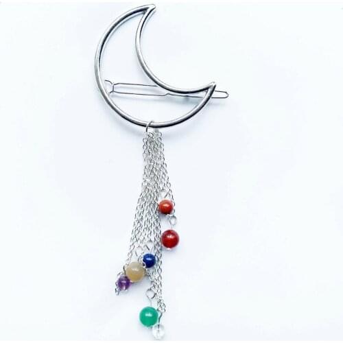 Vintage Moon Hair Clips Stone Jewelry Accessories Silver-color Long Tassel 7 Chakra Beads Pendant Hair Clips for Women Girl 1 pc
