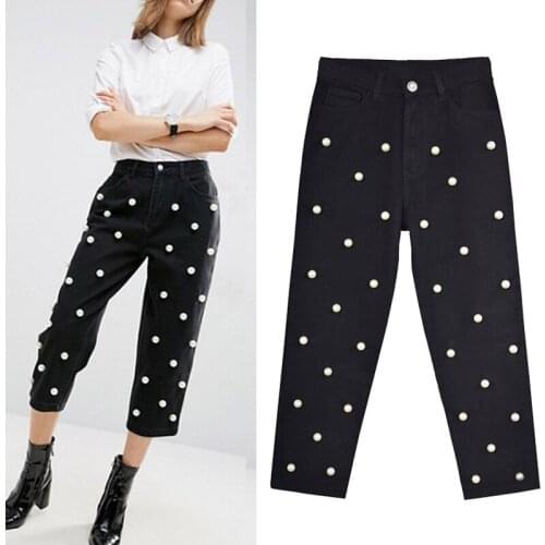 High Waist Claf-Length Pearl Beading Black Straight Women jeans Denim Pants Pantalon Femme