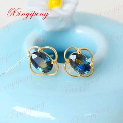 Blue Color jewelry Women 18 k gold inlaid 100% natural Sapphire studs Fine jewelry Contracted style