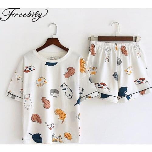 Women Cotton Pajamas Set Short Sleeve Cat Print Cute Sleep Wear Casual Loose Shorts PJ Sets