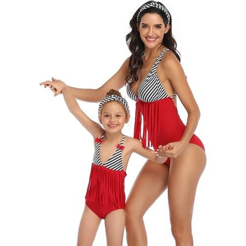 Womens Swimming Lady Tassel Bikini Children Swimsuits For Women Baby Kids Teen Girls Family Maching Look Outfits Beach Swimwear