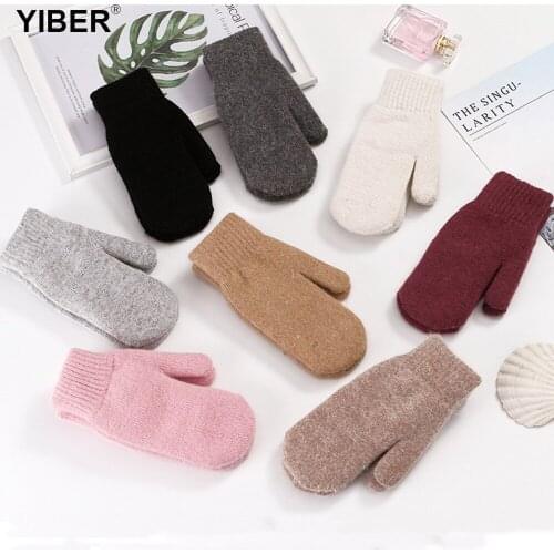 Winter Women Thick Knitted Cashmere Double Layer Plush Knit Warm Mittens Female Cute Rabbit Wool Outlet Fur Full Fingers Glove