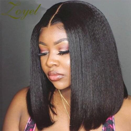 Zoyel Yaki Straight Short Bob Natural Black Synthetic Lace Front Wig For Black Women With Baby Hair Daily Wear Wig