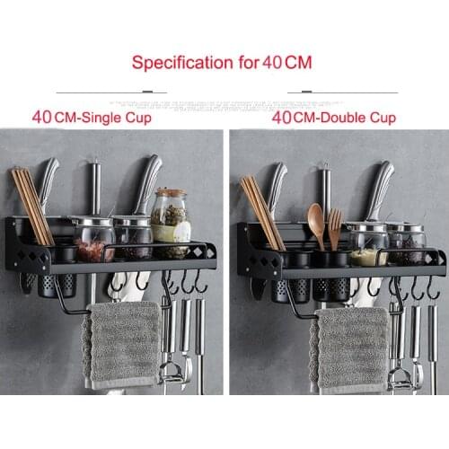 Sapce Alumimum Black Wall Mounted Kitchen Cooking Utensil Hanging Shelf Organizer With Hooks Tools Holder