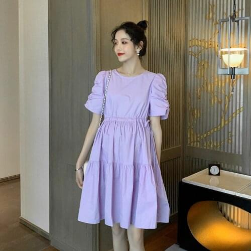 504# Maternity Clothes Summer Cotton Plain Color O Neck Short Sleeves Loose Stylish Dress Pregnant Women Mom Dress