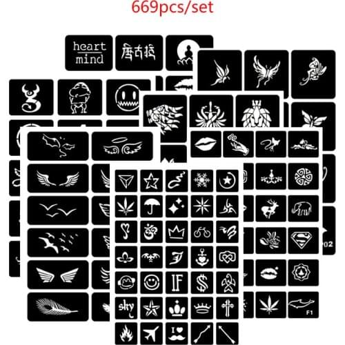 669pcs/set Reusable Henna Stencils Butterfly Cat Letters Tiger Sexy Glitter Tattoo Set Stensil Airbrush Stencil Schmink Sjabloon