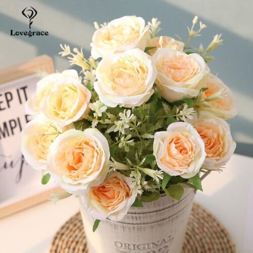 Lovegrace Bridesmaid Bouquet 12 Heads Rose Artificial Silk Flower Office Home Party Decoration Wedding Supply Flower Arrangement