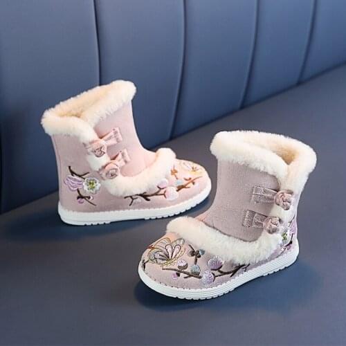 Children Embroidered Boots Shoes Kids Girls Plush Velvet Thick Cotton Short Boots Winter/autumn Girls Chinese Style Hanfu Shoes