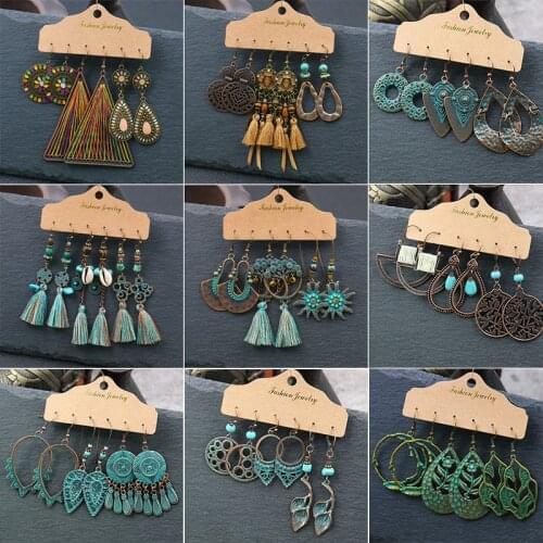 Multiple Ethnic Dangle Drop Earrings Bohemia Shell Green stone Bead Geometric Ancient bronze Metal Earrings Women Charm jewelry
