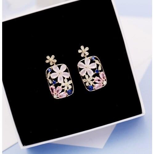 Geometric Multicolor Cubic Zircon Stud Earrings Women Pink Flower Sweet Rhinestone Earring Fashion Jewelry Accessories YEA335