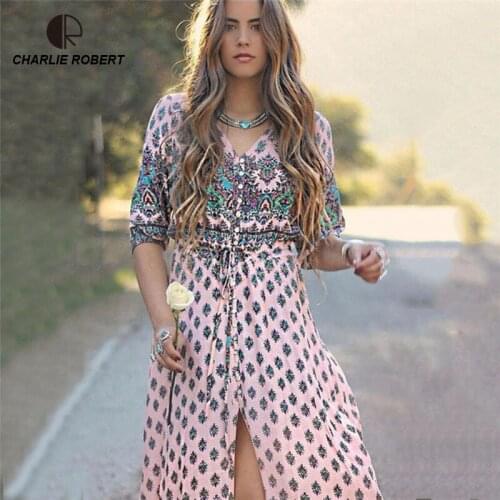 Summer Dresses Bohemian Print Long Sleeve Long Dress Elegant Plus Size Maxi Dress Boho Dresses for Women Female Elastic Waist