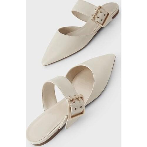 Spring 2021 New Womens Strap Pointed Flat Mules Metal Buckle Closed-Toe Slippers