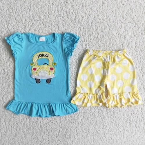 School bus outfits baby girls cartoon cute blue t shirt+dotted shorts 2 pcs sets kids embroidery outfit