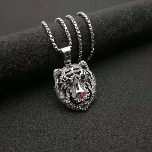 POTCET Neutral Stainless Steel Domineering Tiger Head Titanium Steel Pendant Necklace Fashion Hip Hop Party Jewelry