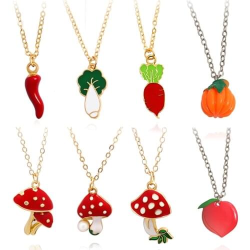 Mushroom Pepper Chinese cabbage Radish Pumpkin Peach Pendant Necklace Vegetables Fruit Enamel Necklace Jewelry for Kids Gift