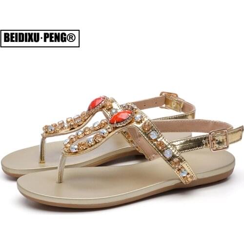 Summer Thong Sandals Crystals Rhinestone Women Casual Flats Sandles Slingback Flip Flops PU Leisure Roman Shoes Footwear 2021