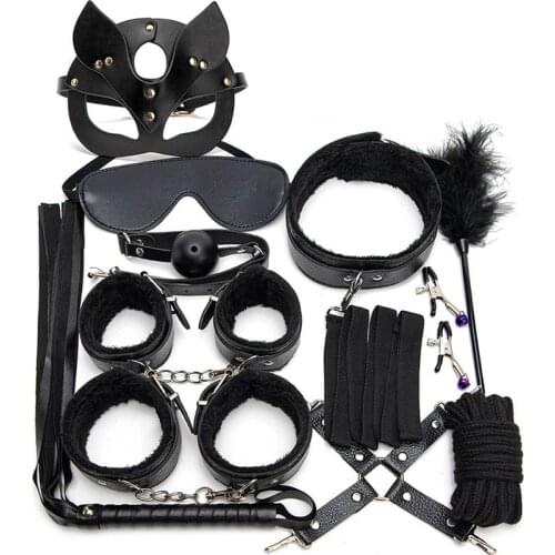 Sex Games Leather BDSM Kits Plush Sex Bondage Set Handcuffs Adults Sex Toys For Women Men Nipple Clamps Whip Clip Sex Shop Sexo
