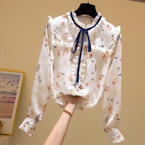 Lace-up Stand Collar Chiffon Shirt Womens New Girl Long Sleeve Floral Print Tops Blouse Lady All-Match Blusas