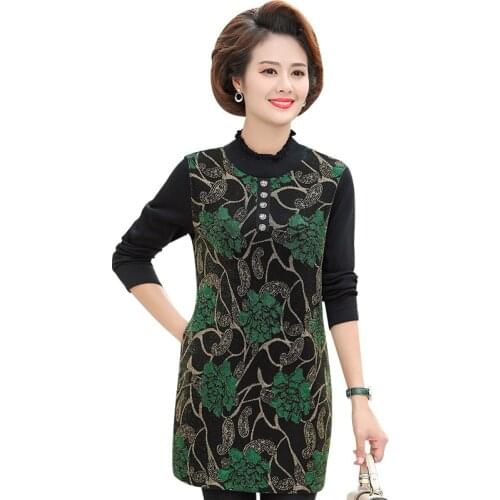 Turtleneck Pullovers Women Warm Velvet Long Sleeve Patchwork T-Shirts Winter Bottom Shirt Middle Age Mother Thick Tee Tops