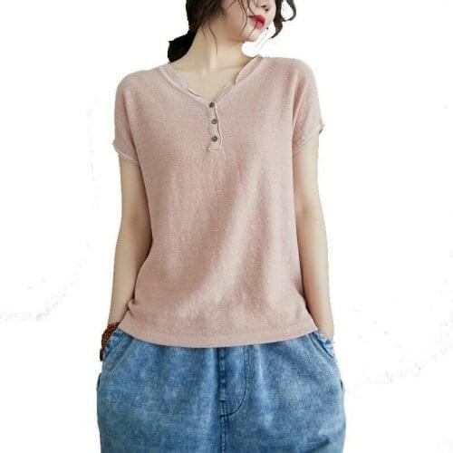 Women Linen Cotton Knitted T-Shirt V Neck Short Sleeve Casual Tops Tees Button D