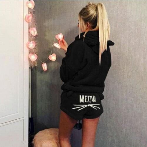 Women shorts set Coral Velvet Autumn Winter Two Piece Pajamas Warm Sleepwear suit Cute Cat Meow Pattern Hoodies Shorts Set