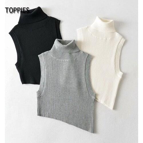Toppies 2021 Autumn Winter Sleeveless Vest Irregular Hem Turtleneck Sweater Women Knitted Cropped Tops