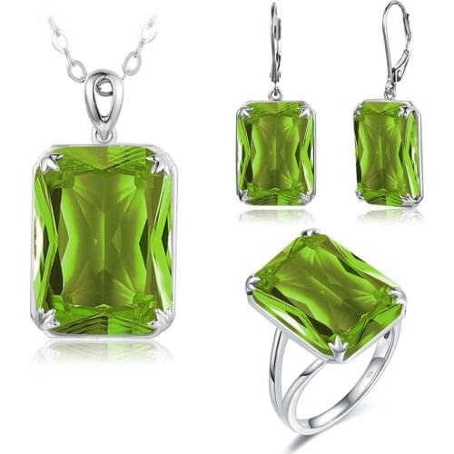 Real Silver 925 Jewelry Sets For Women Sparkling Green Peridot Pendant Earrings Ring Set Rectangle Shape Luxury Fine Jewelry New