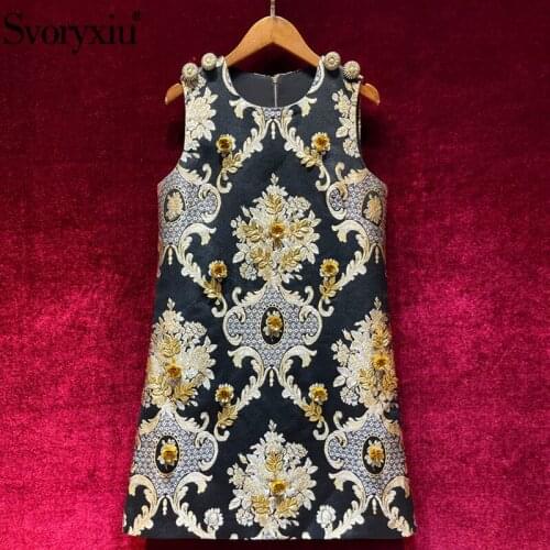 Svoryxiu Vintage luxury Gold Line Flower Jacquard Applique Black Mini Dress Womens Designer Autumn Fashion Party Tank Dresses