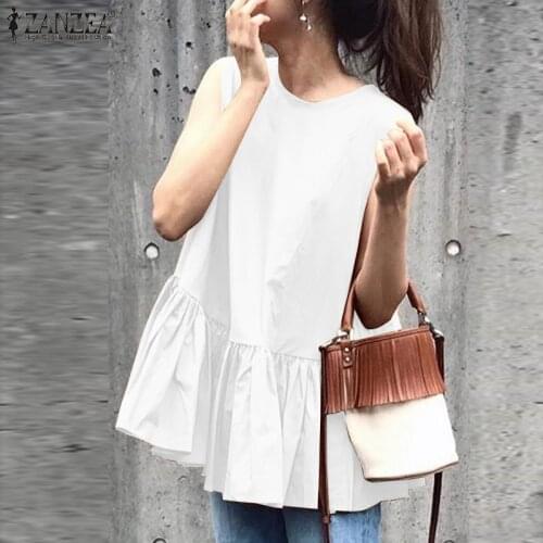 2021 ZANZEA Summer Fashion Sleeveless Blouse O Neck Ruffles Shirt Solid Baggy Vintage Tops Femme Blusa Lace Up Chemise