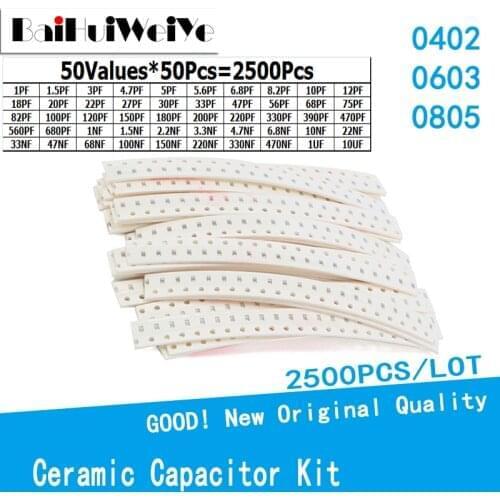 2500PCS/LOT 0402 0603 0805 SMD Chip Ceramic Capacitor assorted kit 50 values*50pcs 1PF-10UF Samples Kit Electronic Diy Kit