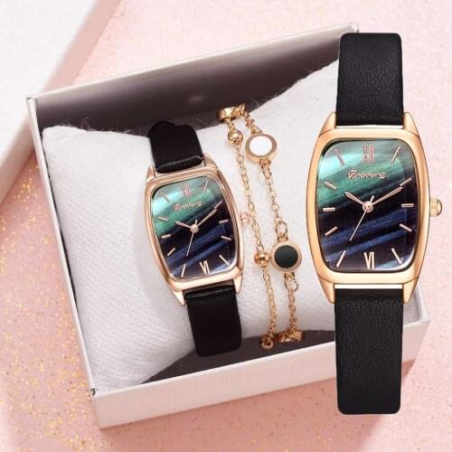 Women Watches Fashion Leather Strap Ladies Quartz Watch Bracelet Set Green Dial Simple Luxury Watches Women Clock relogio Mujer