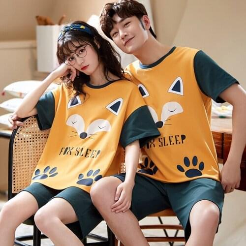 Cotton Couple Pajamas Summer Casual O-neck Men Women Short Sleeves Homewear Cute Sleep Fox Cartoon Couple Green Shorts Sleepwear