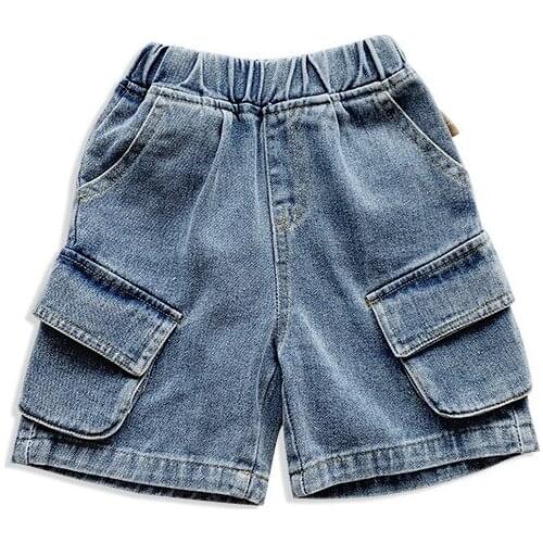 Baby Boys Toddler Summer Jeans Casual Solid Color Denim Fifth Pants With Pockets Mid-Waist Blue Daily Wear Fashion Hot Sale