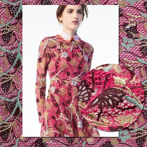 Fashion brand embroidery lotus flowers hollow lace fabric,rose color with golden,sewing for top, dress, skirt,craft by the yard