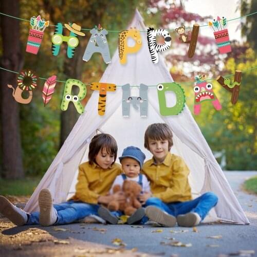 Cartoon Animals Happy Birthday Banners Baby Shower Woodland Animals Party Decorations Indian Animal Hanging Bunting Decorations