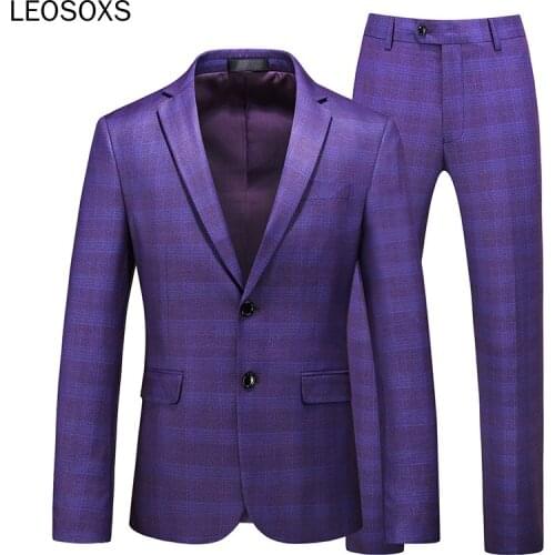 New Blue Purple Suits For Men 2020 New High Quality Mens Wedding Suits Slim Fit Plaid Formal Gentlemen Costume