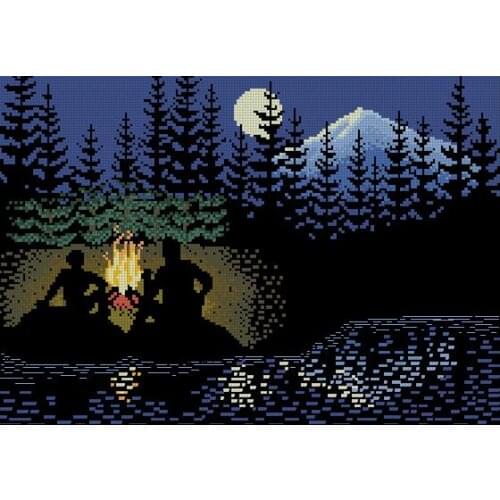 Top Quality Beautiful Lovely Counted Cross Stitch Kit Campfire at Pine Lake Bonfire Fire Night True Love Lover Holy Night Lake
