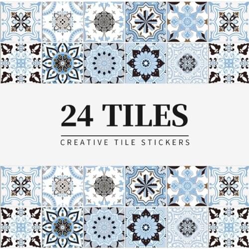 24Pcs Mandala Wall Stickers Blue Peel PVC Adhesive Sticker Waterproof Removable Tile Stair Decals for Kitchen Home Decor