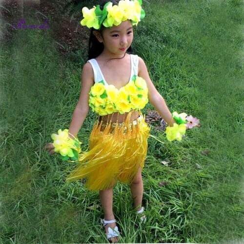 New arrived 1set/lot kids hawaiian skirt sets hawaiian hula grass skirt headwear party decoration