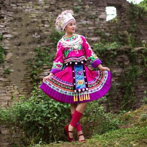 Miao Clothing Folk Style Embroidered Boutique Apparel Pleated Skirt Hmong Women Adult Red Miao Hat Costumes Hmong Clothes
