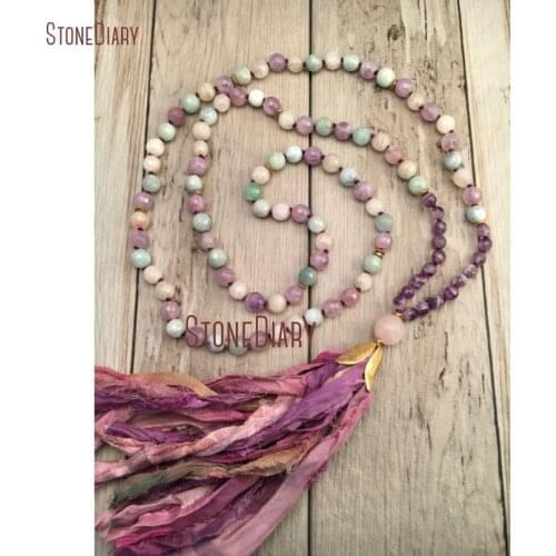 Healing Aquamarines Amethysts and Moonstone Mala Necklace Sari Silk Tassel Hand knotted 108 Mala Beads Boho Jewelry NM11114