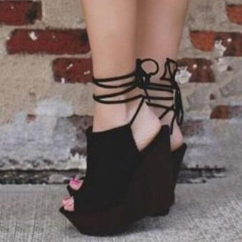 Hot Selling Black Wedge Sandals Peep Toe Lace-up High Platform Summer Shoes Cut-out Height Increasing Sandals Drop Ship