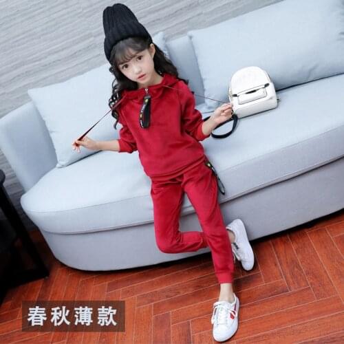 Autumn new girls sports suit gold velvet childrens clothing suit baby kids sportswear big girl hoodie shirt + pants suit winter