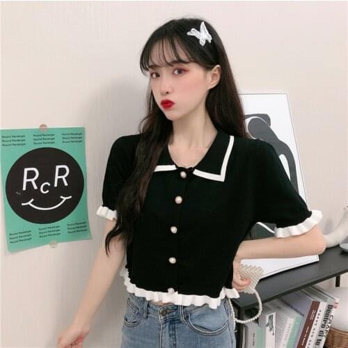 Thin Knitting Short Sleeved Tops French Retro Summer POLO Collar Flounce Sweet T-shirt Women 2021 New Fashion Clothing Wholesale