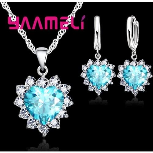 Discount Price Women Jewelry Sets 925 Sterling Silver Shiny CZ Romantic Heart Pendant Necklace Earrings Wholesale