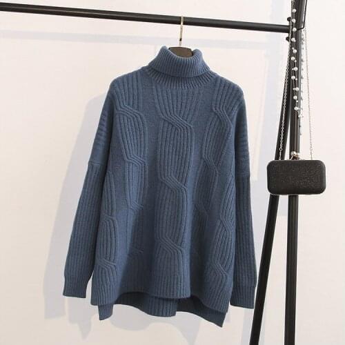 GEMUTLICH Women Casual Loose Sweater Turtleneck Pullover Fashion two Side Split Over Size Knitwear Warm Top