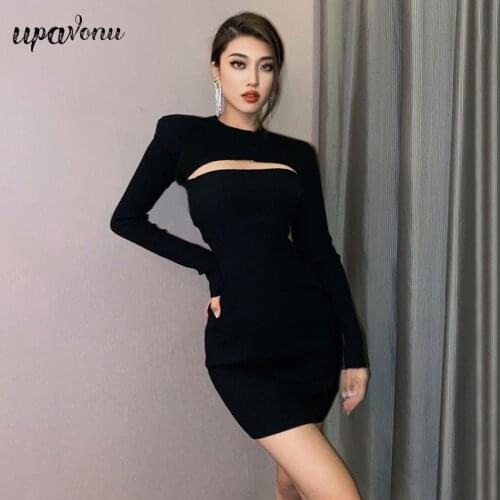 Free Shipping 2021 New Womens Black Bandage Dress Sexy O-neck Long Sleeve Bodycon Hollow Celebrity Club Party Dresses Vestidos