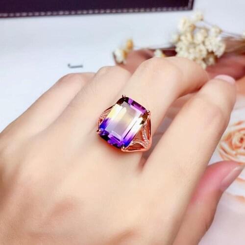 Big size Natural Amethyst Gemstone Ring with 925 silver jewelry for women hot selling gift real 925 silver gold plated lucky