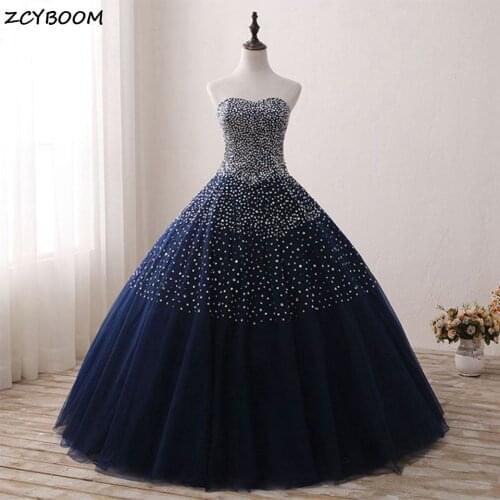 Sequin Quinceanera Dresses 2021 Ball Gown Navy Blue 15 anos Fluffy Gown Formal Party Vintage Ceremony Graduation Long Prom Dress