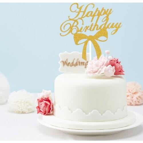 10Pcs Glitter Calligraphy Bling Sparkle Cake Topper Decoration Happy Birthday Bowknot Cupcake Topper Kid Birthday Party Supplies